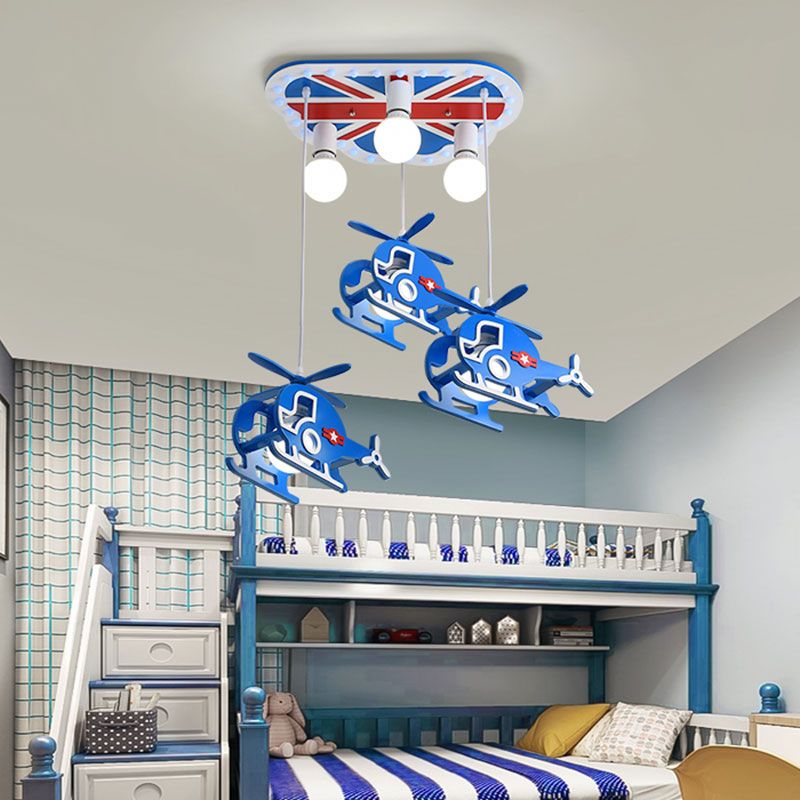 Metallic Helicopter Multi-Pendant Cartoon 6 Bulbs Hanging Ceiling Light in Blue for Kids Room