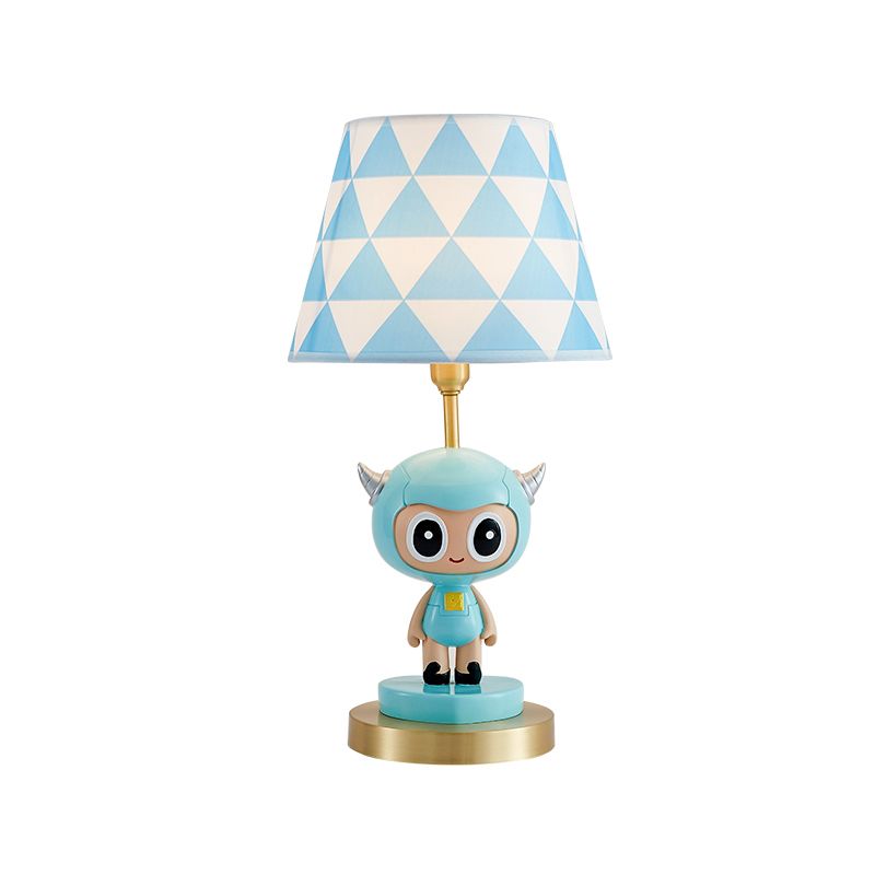 Cartoon Cow Boy Resin Night Lamp 1-Light Table Lighting with Triangle Print Shade in Pink/Blue