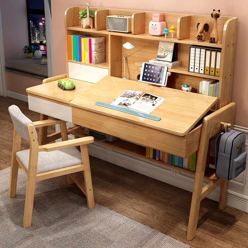 Contemporary Student Table in Solid Wood with Side Storage Hook