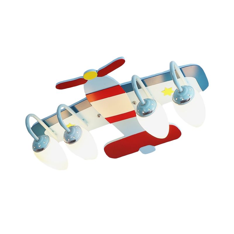 Wood Airplane Ceiling Flush Cartoon 4-Light Blue and Red Flush Mount Lamp with Bullet Opal Glass Shade