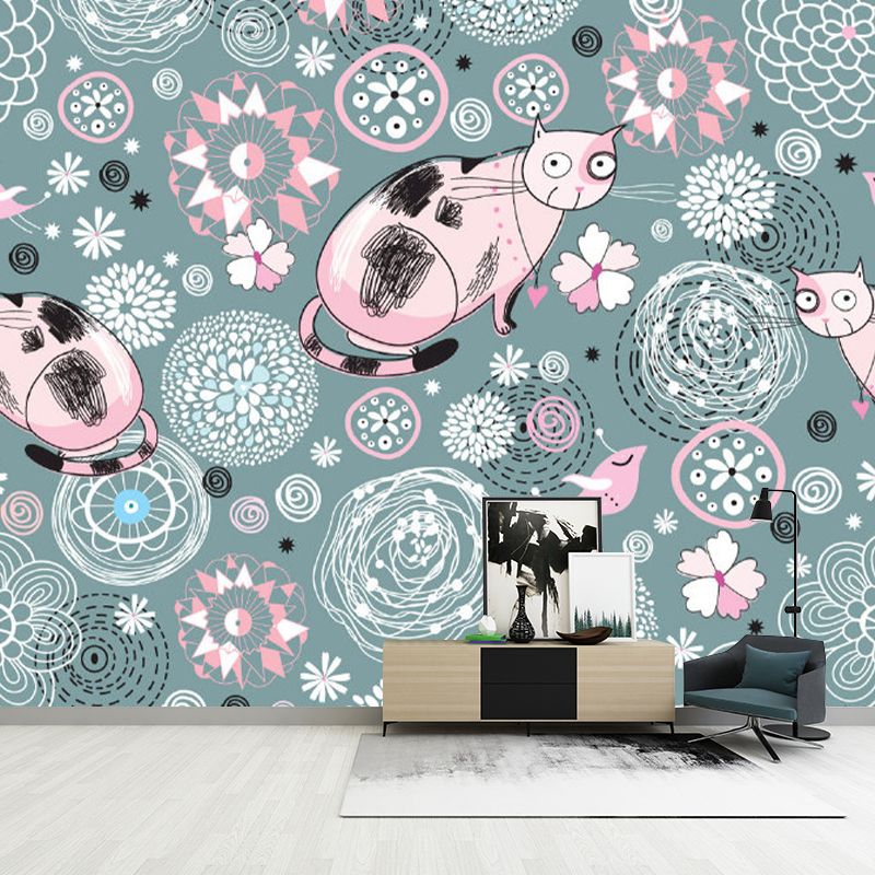 Stain-Resistant Murals Wallpaper Childrens Art Non-Woven Material Wall Decor with Cat and Flower Pattern