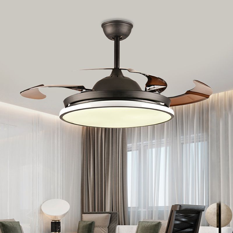 36"/42" W Ring Acrylic Fan Lighting Contemporary LED Bedroom Semi Flush Mount Ceiling Fixture in Black, 4 Brown Blades