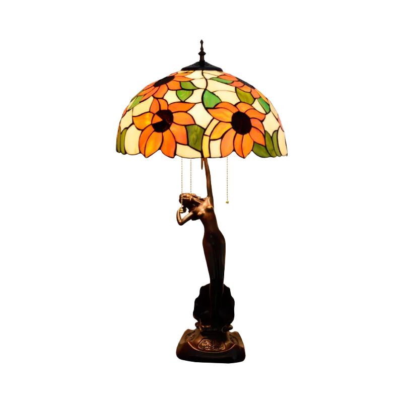 Flowering Stained Glass Table Lamp Tiffany-Style 3 Heads Red/Orange Pull-Chain Night Stand Light with Women Sculpture