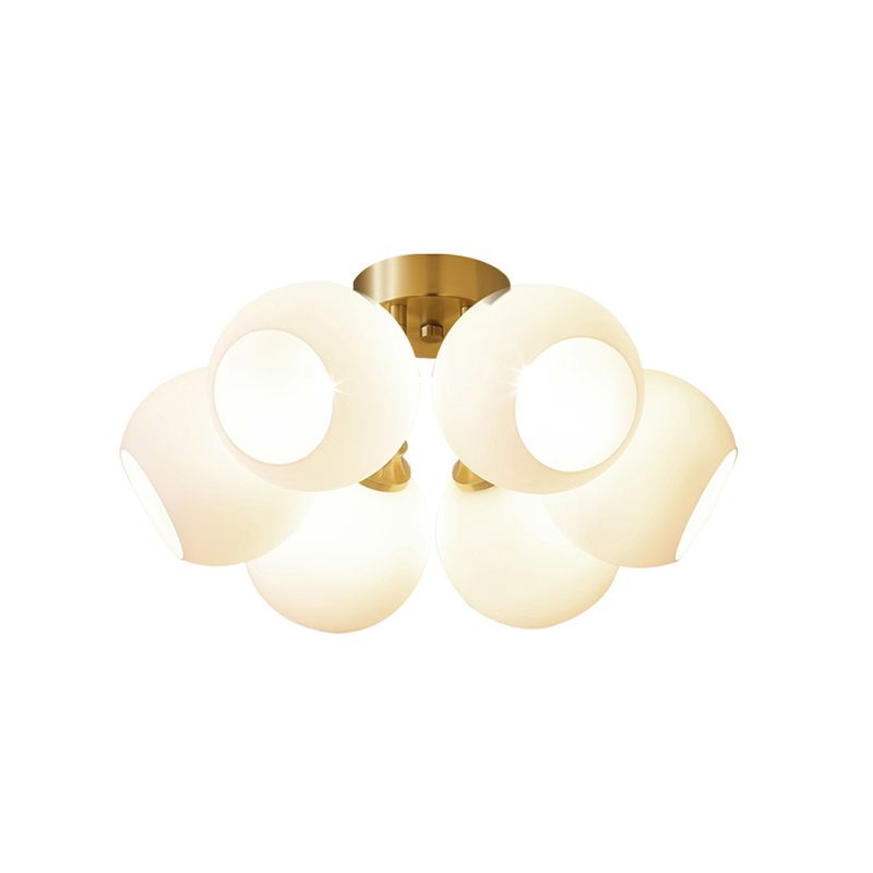 Domed Bedroom Semi Flush Mount Lighting Cream Glass Simplicity Ceiling Lamp in Brass