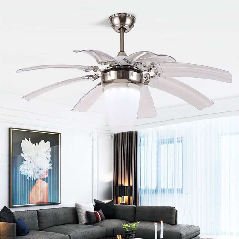 42" W LED Semi Flushmount Contemporary Cone Opal Glass 8 Blades Ceiling Fan Lighting in Silver for Bedroom