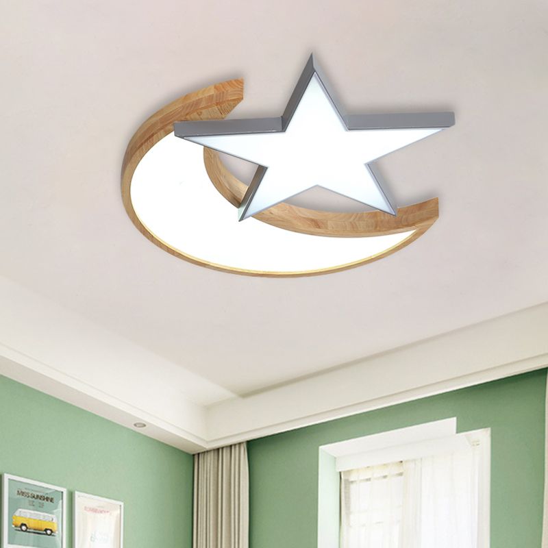 LED Bedroom Flush Light Fixture Minimalism Grey/Pink/Green Ceiling Flush with Moon and Star Acrylic Shade