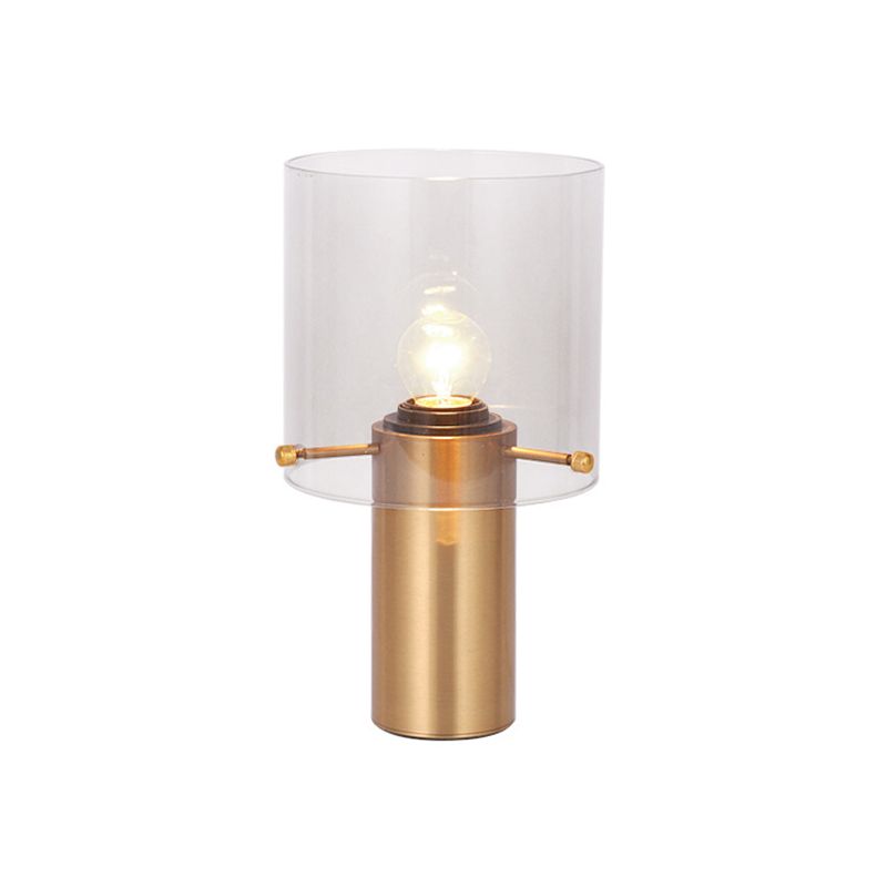 1 Bulb Living Room Table Light Postmodern Brass Night Lamp with Cylinder Translucent Glass Shade