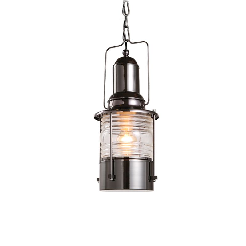 Chrome 1-Bulb Pendant Lamp Industrial Clear Ribbed Glass Cylinder Hanging Ceiling Light