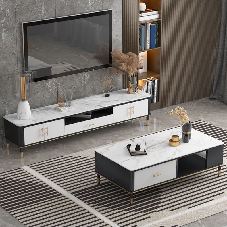 White Stone Top TV Cabinet Luxurious 1-Open Shelf TV Stand Console with Cabinets