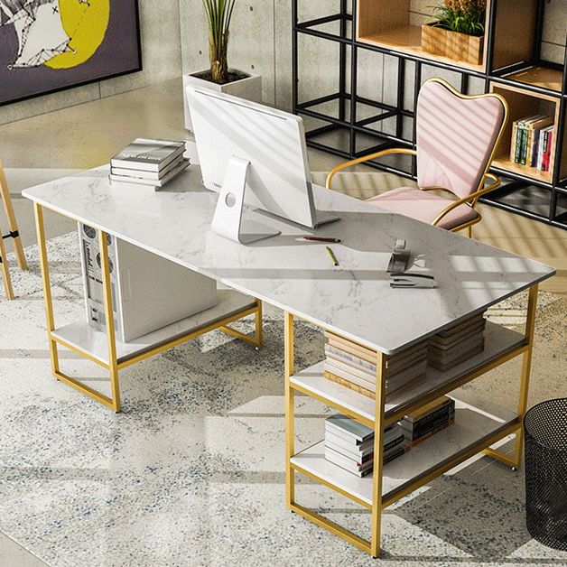 Glam Style Computer Desk Marble Rectangular Office Desk With Storage Shelf