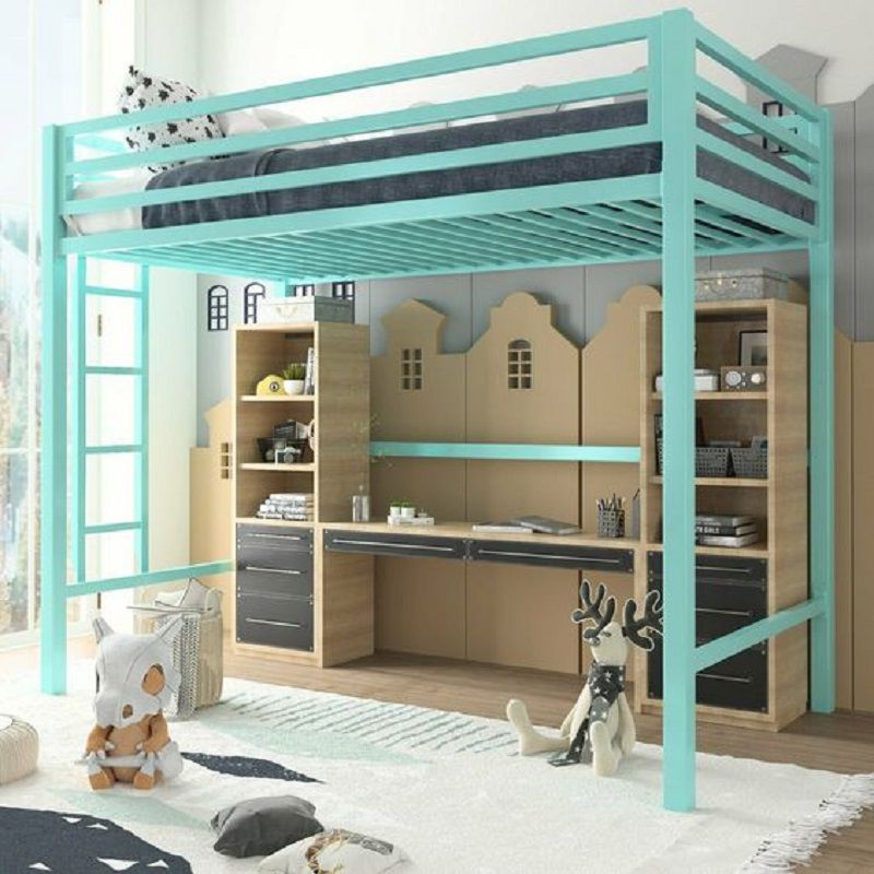 Contemporary High Loft Bed with Built-In Ladder and Guardrail in Green