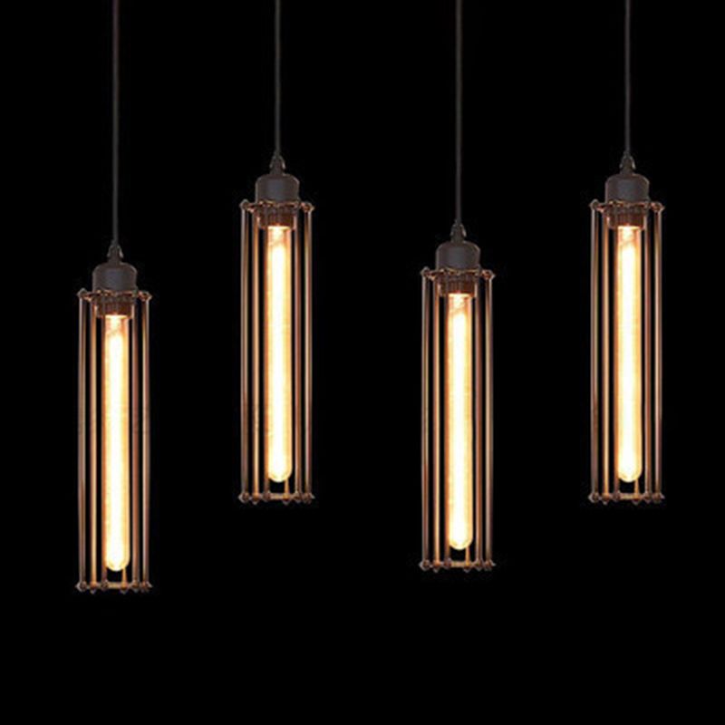 1-Bulb Cylindrical Ceiling Fixture Industrial Black Iron Cage Pendant Light for Bar