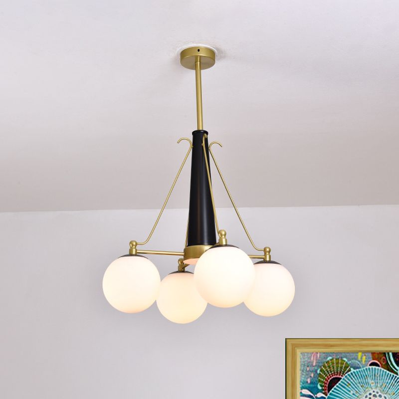 Sphere Frosted White Glass Pendant Modernism 4 Heads Brass and Black Hanging Chandelier