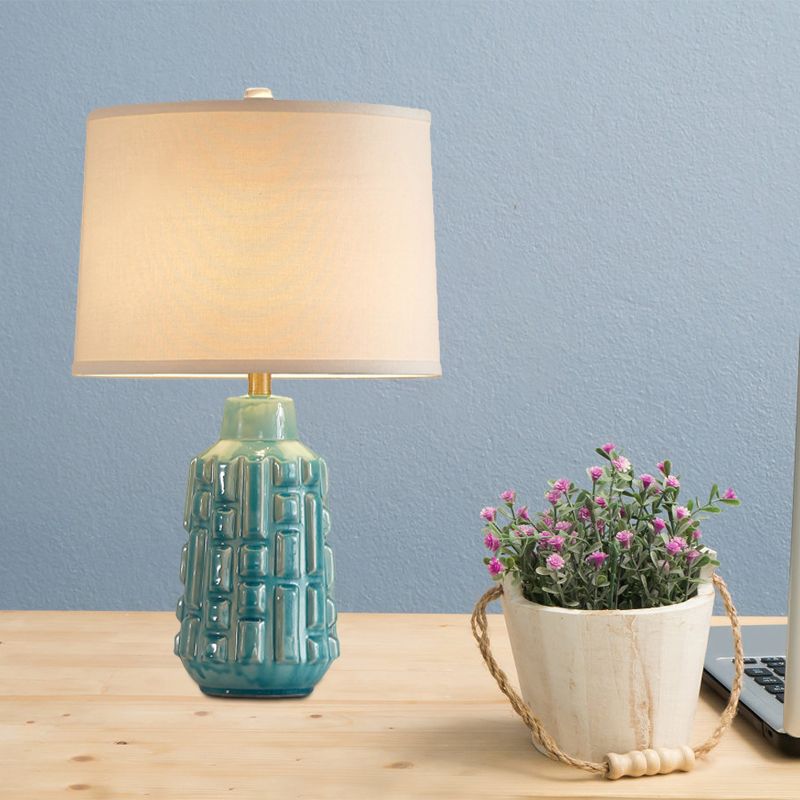 Fabric Scalloped Bell/Drum Table Lamp Vintage 1 Bulb Parlor Nightstand Light with Ceramic Pot Base in Blue