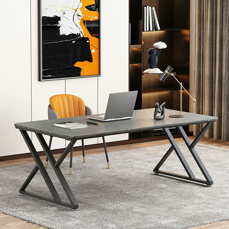 Contemporary Office Desk Rectangular Grey Writing Desk with Metal Legs