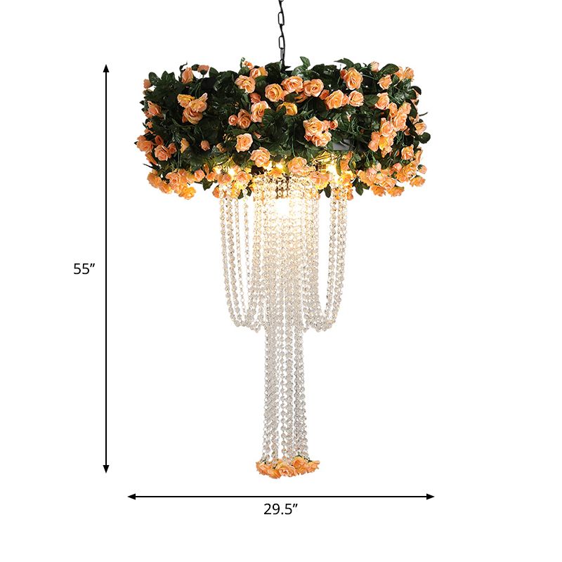 Metal Cascade Ceiling Hang Fixture 1 Head Restaurant Flower Pendant Lighting in Black with Crystal Strand