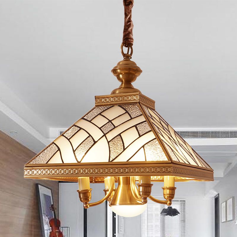 Frosted Glass Brass Chandelier Pyramid 5 Lights Colonialism Down Lighting Pendant for Dining Table