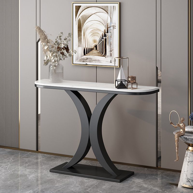 Slate and Metal Sofa Table Modern Stain Resistant Half Moon Console Table for Hall