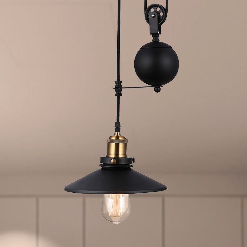 Black Conic Ceiling Light Fixture Vintage Style Metallic 1 Bulb Living Room Hanging Pendant Light with Pulley