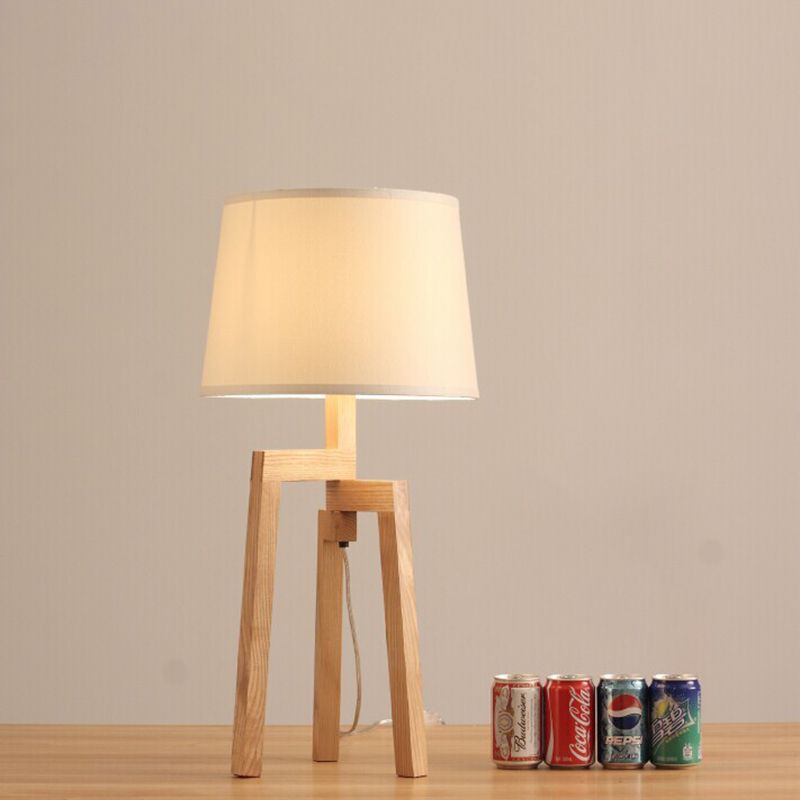 Cone Shade Desk Light Modern Fabric 1 Bulb Wood Night Table Lamp for Living Room