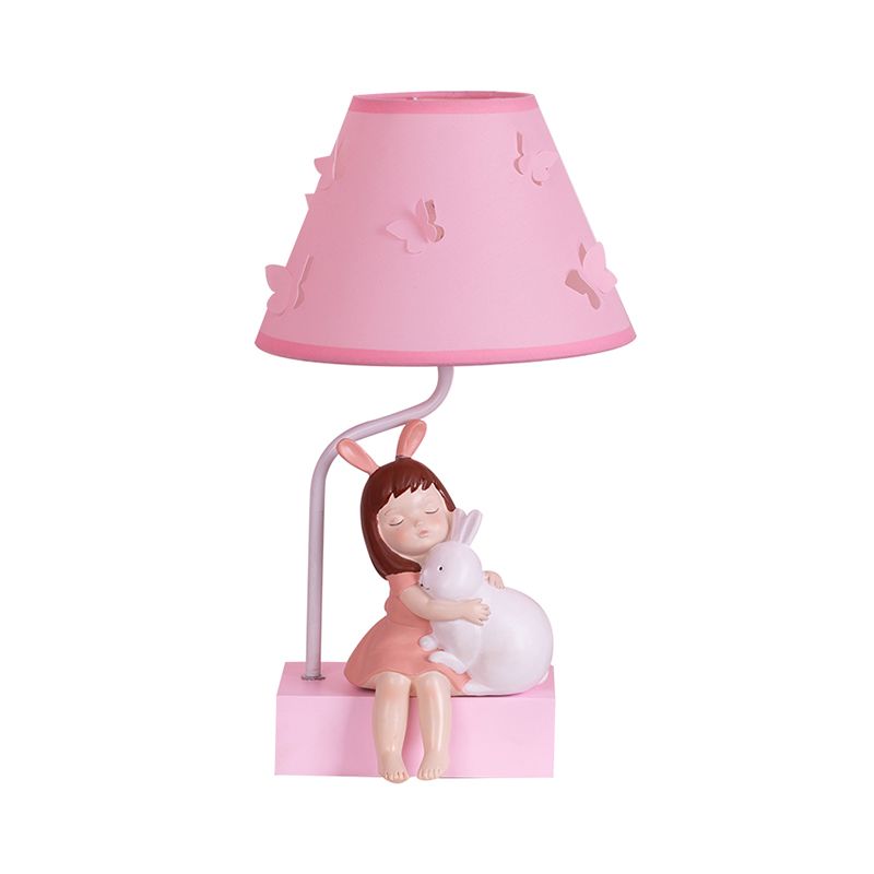 Cartoon Conical Fabric Night Lamp 1 Head Table Light in Pink with Girl Rabbit Design and Wood Base