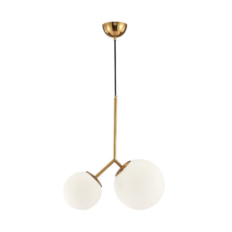 Gold Spherical Chandelier Light Modernity 2 Bulbs Milky Glass Suspension Pendant for Dining Room