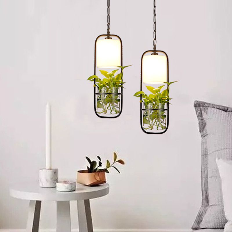 Industrial Cylinder Pendant Lamp 1 Light Metal Hanging Light Fixture Without Plants in Black