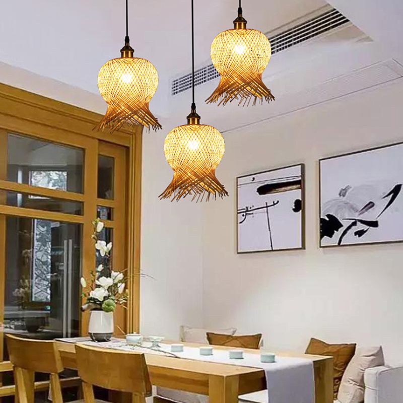 Kwekvorm Handgeweven bamboe hangende lamp Aziatisch 1-licht beige hanglamp voor restaurant