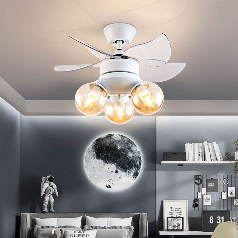 Amber Glass Ball Fan Light Fixture Children Style 3 Bulbs White Semi Flush Ceiling Light