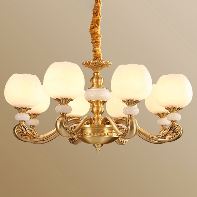 Opal Glass Bud Pendant Chandelier Modern Style Brass Suspension Lighting with Curved Arm