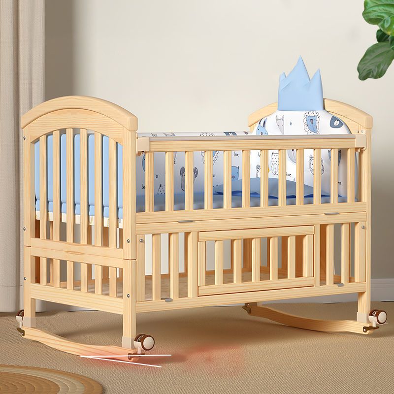 Modern Baby Crib with Guardrail with Casters/Wheels Washed Natural Nursery Bed