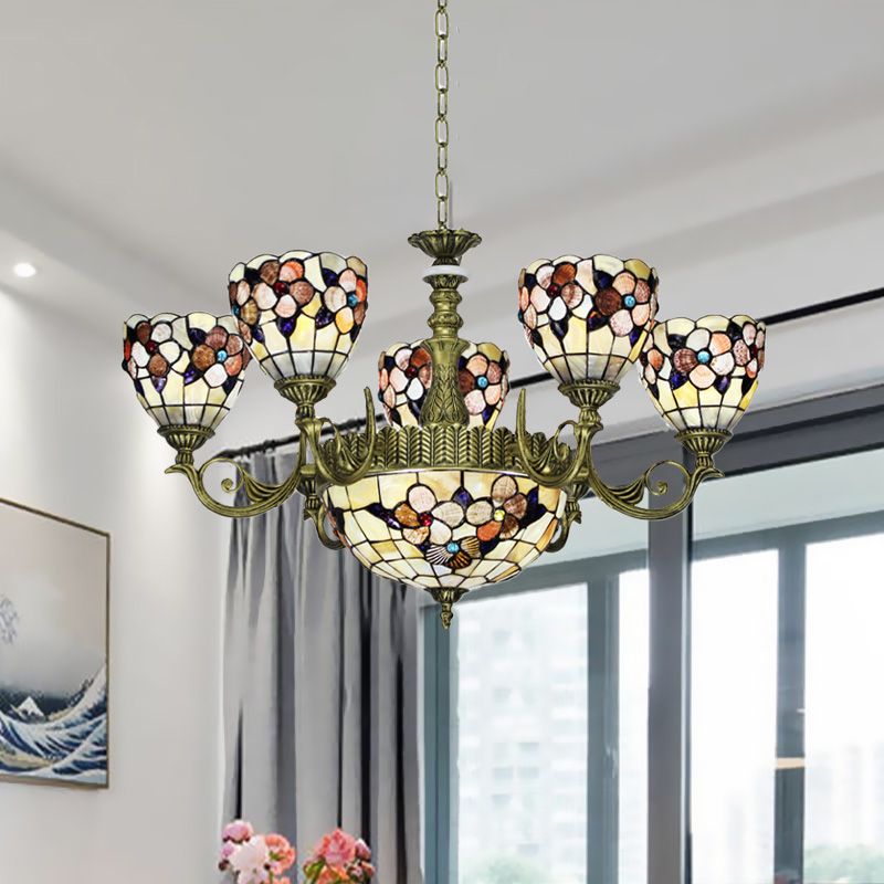 9/11 Lights Bedroom Ceiling Chandelier Tiffany Beige Flower Patterned Suspension Lamp with Bowl Shell Shade