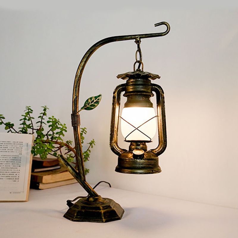 Brass/Copper Kerosene Table Light Warehouse Opal Glass 1 Light Bedroom Desk Lighting with Metal Base