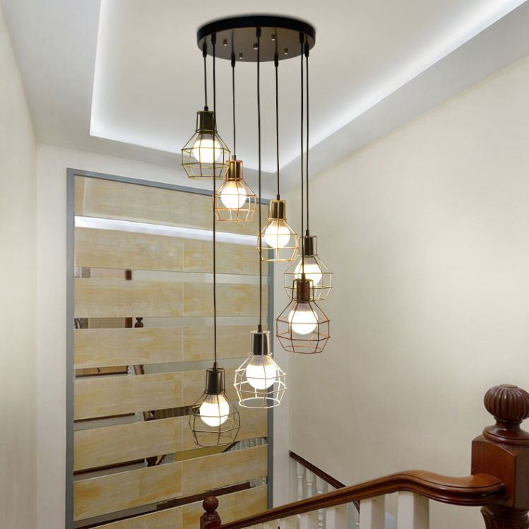 Black Multi Pendant Light Fixture Vintage Metal Wire Cage Multi Light Pendant Lighting