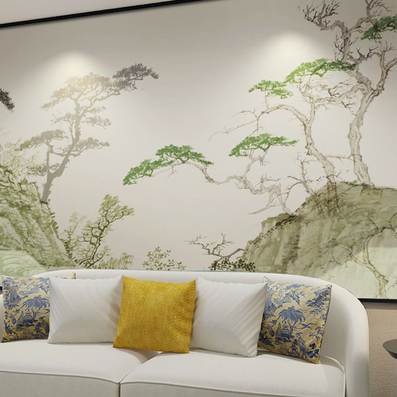 Green Pine Tree Mural Wallpaper Stain-Resistant Wall Covering for Guest Room Decoration