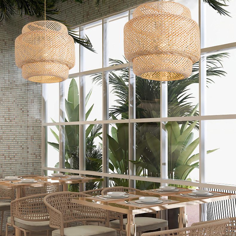 Lantern Bamboo Rattan Shape Pendant Hanging Lamp Asia Style 1 Light Hanging Ceiling Light  for Living Room