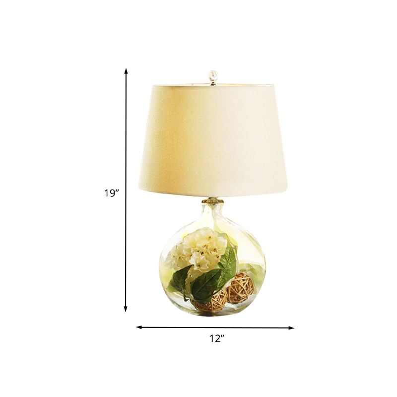 Fabric White Nightstand Light Tapered 1-Light Industrial Night Lamp with Flower and Rattan Ball Decor