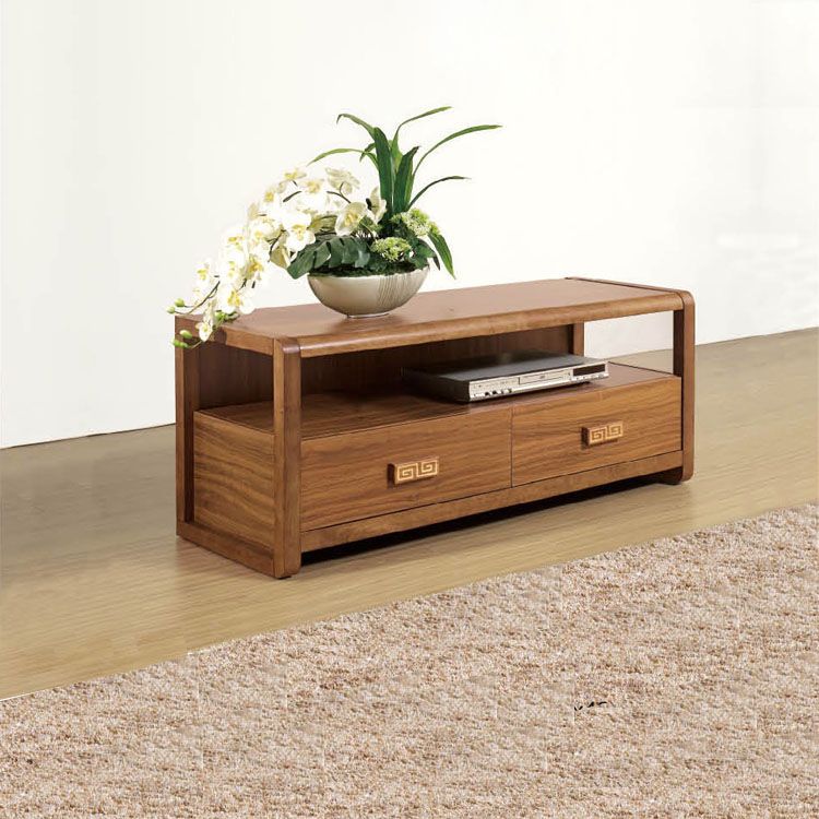 Brown Rubber Wood TV Stand Contemporary Style TV Cabinet with 2 Drawers