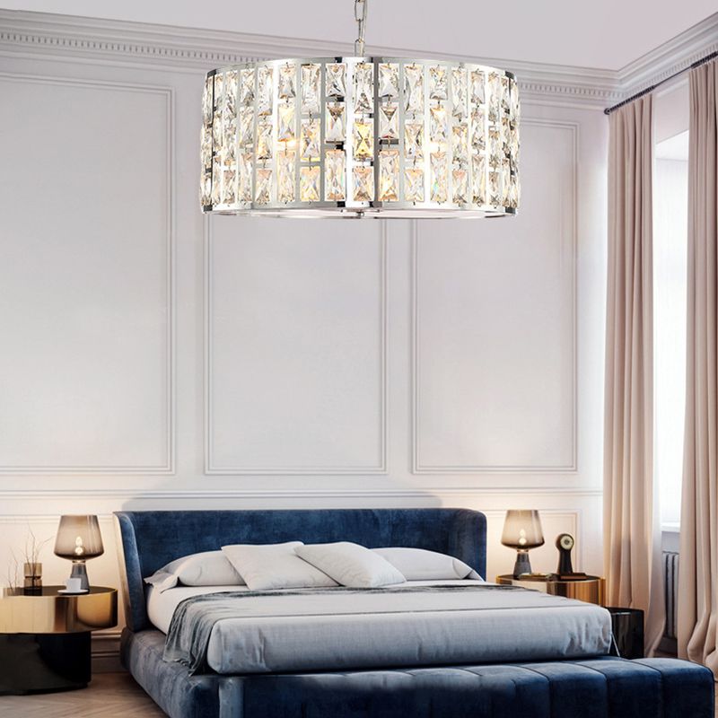 Clear Crystal Drum Chandelier Light Contemporary Pendant Lamp with Metal Chain in Chrome for Bedroom