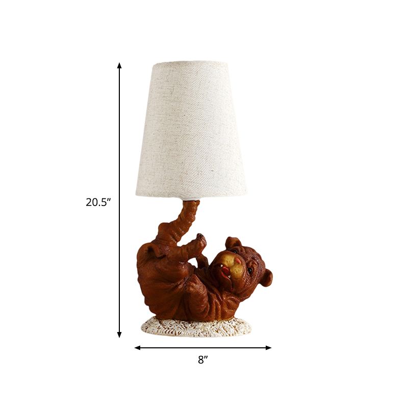 Resin Shar-Pei Dog Table Light Rural 1 Light Bedroom Nightstand Light in Brown with Cone Fabric Shade