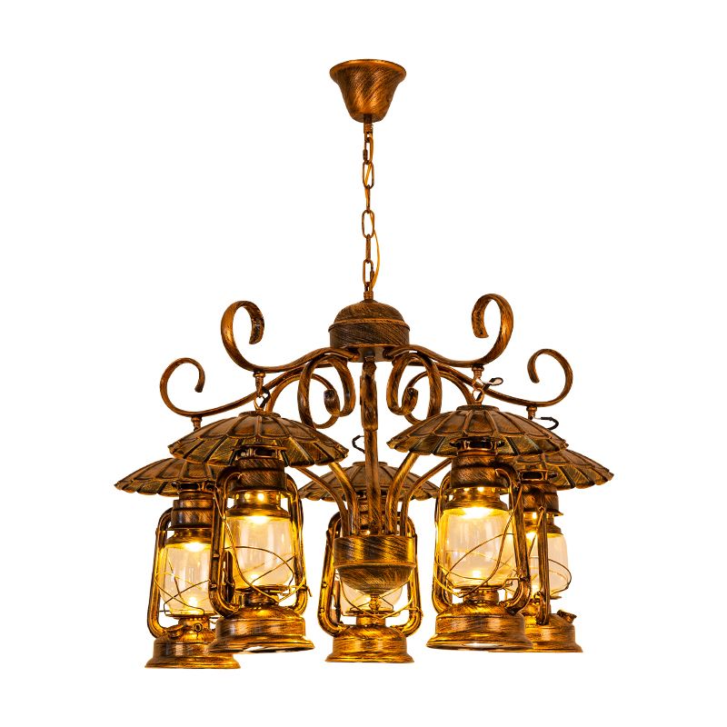 Brass 5 Lights Ceiling Chandelier Pendant Industrial Metallic Kerosene Hanging Ceiling Fixture