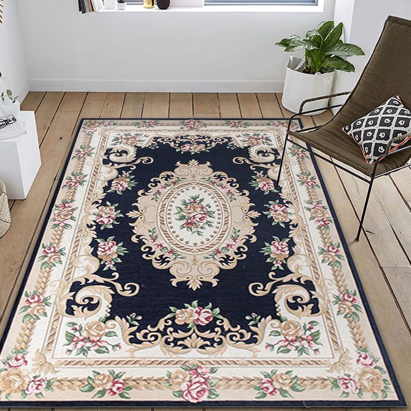 Luxurious Blossom Pattern Rug with Leaf Multicolor Vintage Carpet Polyester Washable Pet Friendly Anti-Slip Area Rug for Parlour