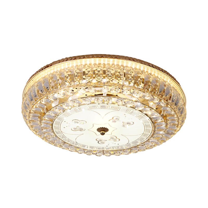 LED Drum Flush Light Modernism Clear Crystal Ceiling Light Fixture with Glass Diffuser and Flower/Butterfly Pattern in Gold