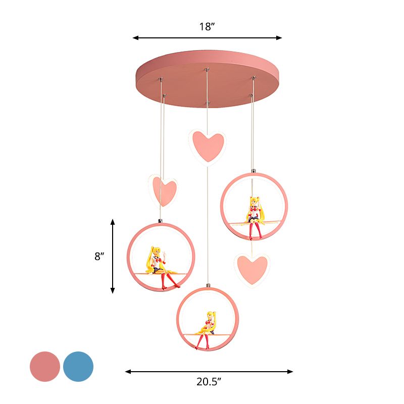 Niños 3 luces Lámpara colgante con sombra acrílica rosa/azul amoroso corazón y lámpara de lámpara de anillo