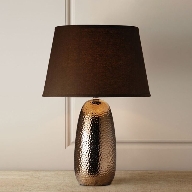 1 Light Table Lighting Rural Bedroom Hammered Ovoid Nightstand Lamp with Conical Fabric Shade in Brown