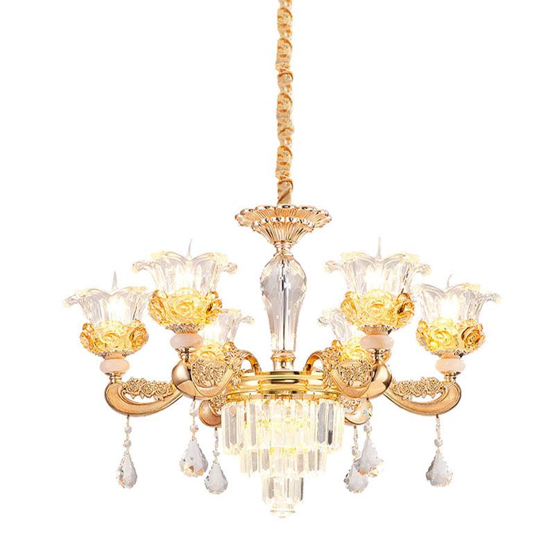 6 Lights Clear Glass Pendant Lamp Traditional Gold Flower Dining Room Chandelier with Tiered Crystal Accent