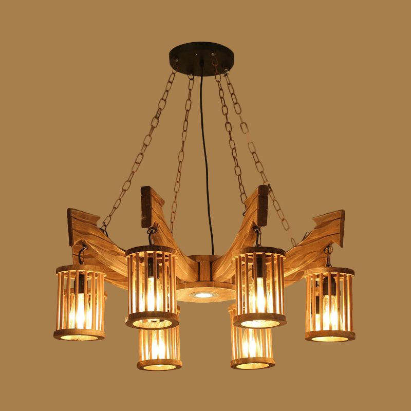 6/8-Head Cylinder Chandelier Lighting Fixture Industrial Brown Wood Hanging Ceiling Light with Anchor Arm