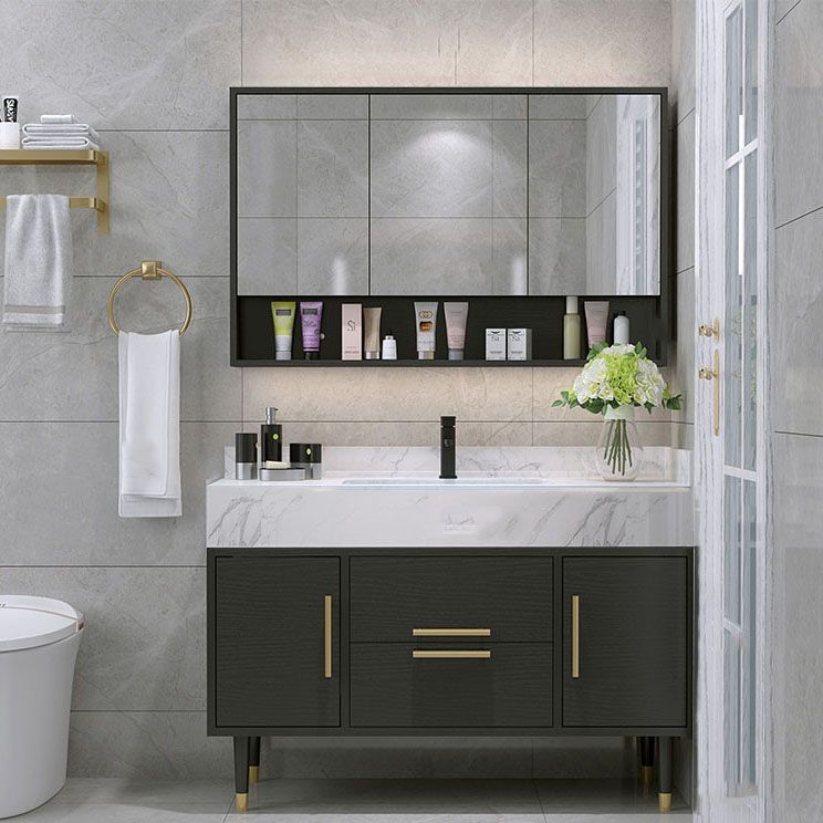 Double Sink Vanity Set 2 Doors Rectangle Freestanding Metal Frame Vanity with Mirror