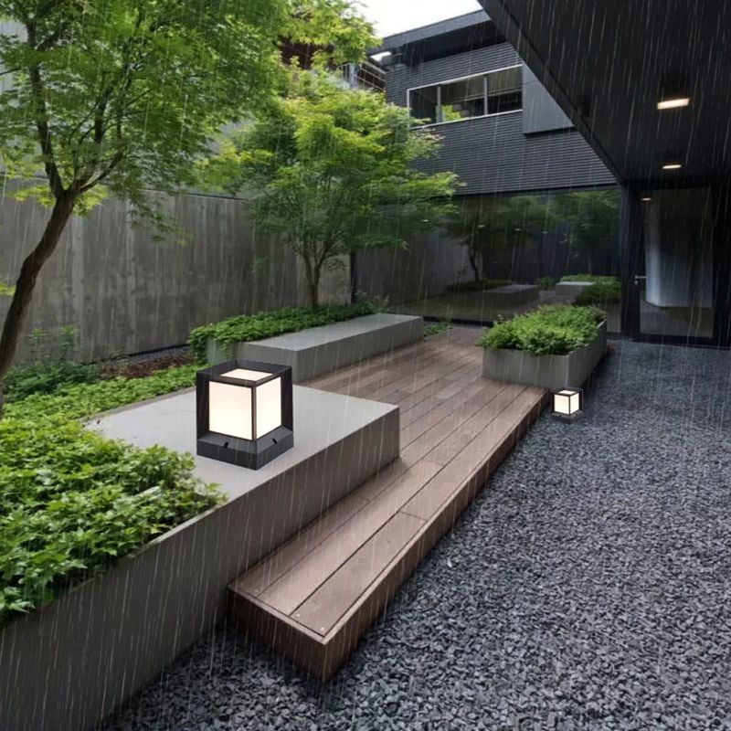 Rectangular Shape Metal Pillar Lamp Modern Style 1 Light Waterproof Outdoor Light in Black