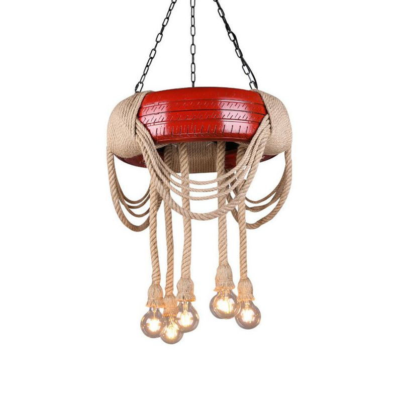 Red/Blue/Yellow Tire Hanging Lamp Kit Warehouse Rubber 6-Head Dining Room Chandelier Pendant with Dangling Hemp Rope